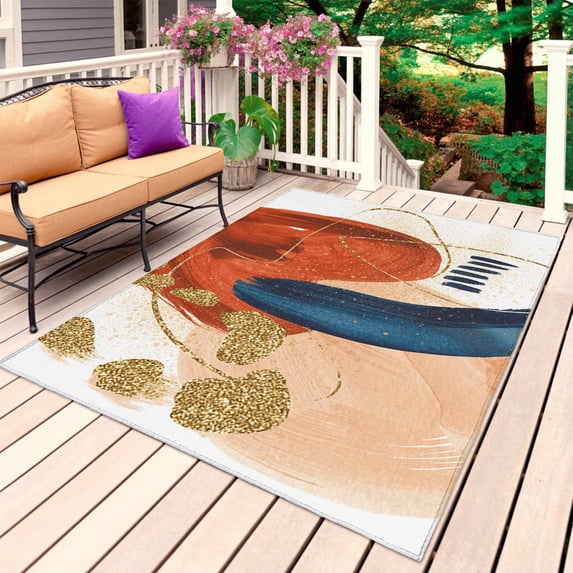 Orange Blue Boho Outdoor Rug 5x8 Ft, Non Slip Washable Area Rug, Farmhouse Geometric Golden Striped Patio Rugs Carpet Runner, Large Floor Mat for Indoor/Outdoor Deck Porch Camping