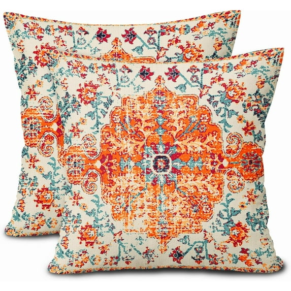 Orange Blue Boho Pillow Covers 16X16 Inch Bohemian Carpet Vintage Ethnic Couch Pillow Cases Rust Coral Floral Throw Pillows Set of 2 Rustic Home Decor for Living Room Bedroom Bed Cushion Outdoor