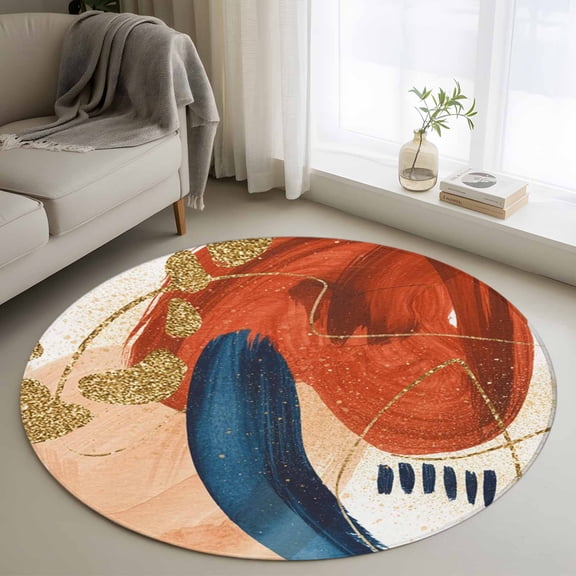 Orange Blue Boho Round Rug 3.3ft Washable Circle Entryway Rugs Non Slip Farmhouse Geometric Golden Striped Area Rug Indoor Floor Carpet for Bedroom Kitchen Living Room Home Office Dining Room Nursery