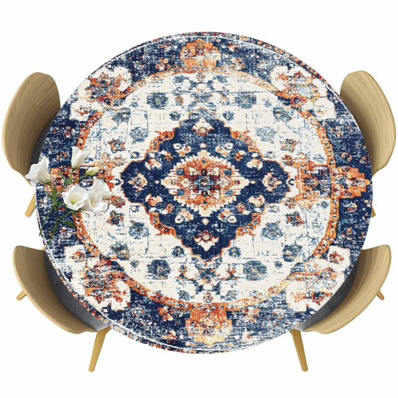 Orange Blue Boho Round Tablecloth 45-54 Inch Round Fitted Table Cloth with Elastic Edge, Ethnic Vintage Geometric Southwestern Waterproof Table Cover Protector for Outdoor Picnic Party Dining
