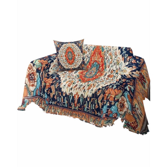 Orange Blue Boho Sofa Couch Covers for Dogs, Washable Sofa Throw Cover Single Slipcovers for Armchair with Tassels, Vintage Ethnic Geometric Abstract Couch Protector Towel Blanket M 71''x91''