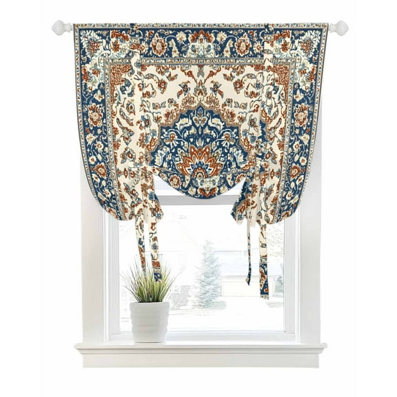 Orange Blue Boho Southwestern Tie Up Curtains for Window, Thermal Insulted Balloon Shade Adjustable Rod Pocket Curtains Valance Panels for Kitchen Bathroom Cafe 42 x 45 Antique Ethnic Rustic