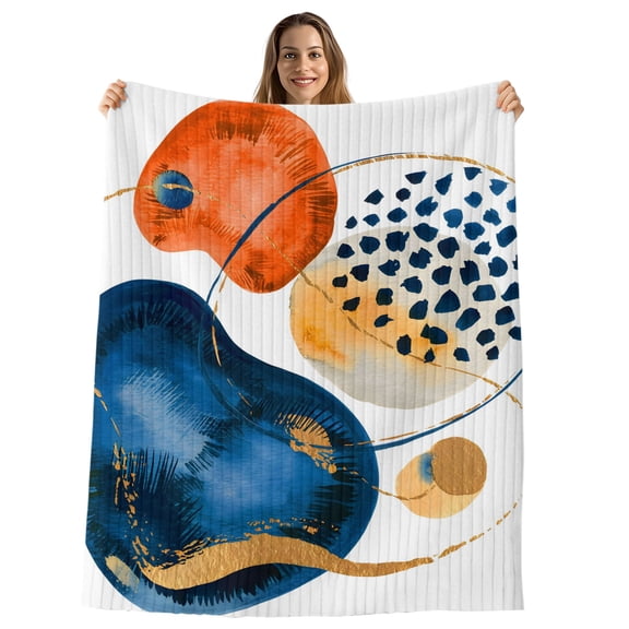 Orange Blue Boho Throw Blanket, Flannel Fleece Blanket with Striped Design for Couch, Ethnic Abstract Geometric Striped Soft Breathable All Season Plush Blankets for Sofa Office Chair 30"x40"
