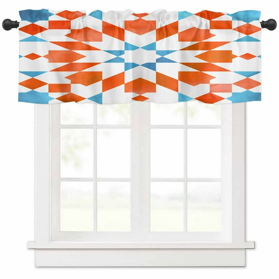 Orange Blue Boho Valances for Windows Farmhouse Kitchen Curtains Valances Rod Pocket Valance Curtains for Kitchen Windows Modern Ethnic Abstract Geometric Window Valances for Bathroom Bedroom 42"x12"