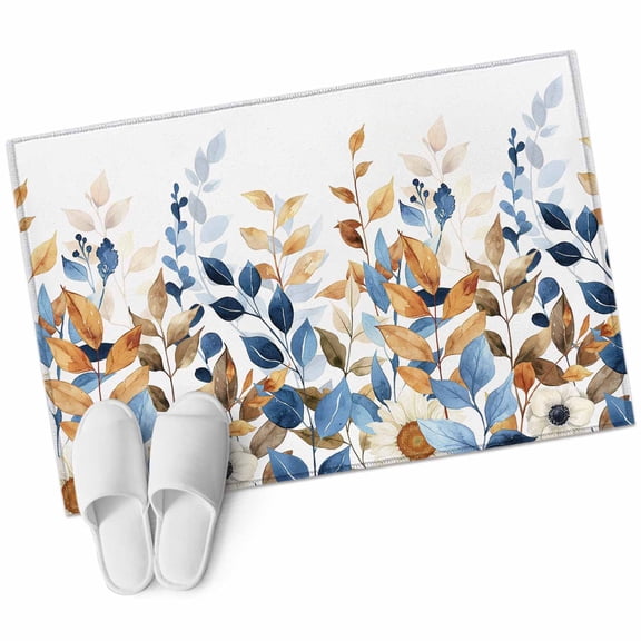 Orange Blue Botanical Bathroom Mat 2x3 FT, Non Slip Small Kitchen Mat, Fall Eucalyptus Leaves Washable Soft Backed Front Door Throw Rug Non-Shedding Indoor Outdoor Doormat for Entryway Sink