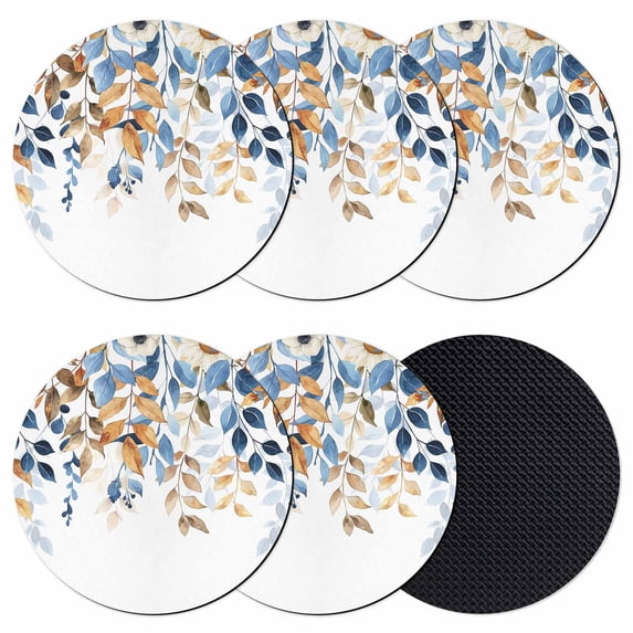 Orange Blue Botanical Coasters Set of 6, Weeping Fall Eucalyptus Leaves Absorbent Coasters for Drinks, Coaster for Bar Office Dining Coffee Table Accessories Decor, Non Slip Round Desk Coaster