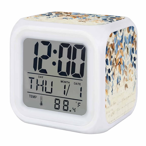 Orange Blue Botanical Digital Alarm Clock for Bedrooms,Smart LED Alarm Clock with 7 Color Night Light,Weeping Fall Eucalyptus Leaves Rustic Silent Wake Up Clocks for Sleep Study Cooking 3.2"x3.2"