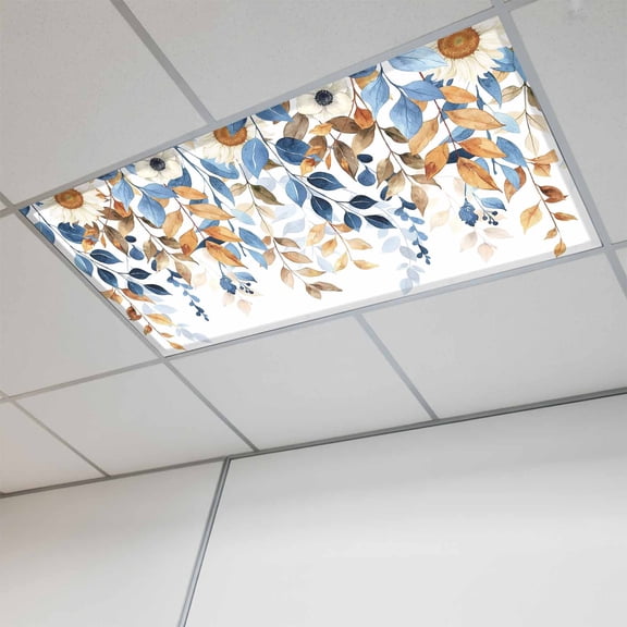 Orange Blue Botanical Fluorescent Light Covers, Weeping Fall Eucalyptus Leaves Magnetic Light Covers for Ceiling Lights, Fluorescent Ceiling Shade Filters for Classroom Bedroom Office 4x2Ft x 1PCS