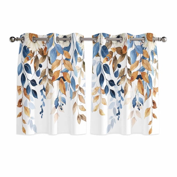 Orange Blue Botanical Kitchen Curtains Short 45 Inch Length, Weeping Fall Eucalyptus Leaves Grommet Top Bedroom Living Room Curtains, Light Filtering Cafe Curtain Drapes 2 Panels Set 84''x45''