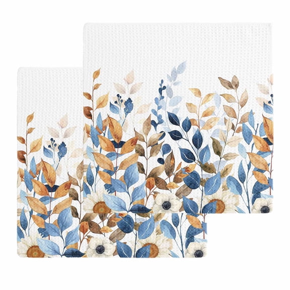 Orange Blue Botanical Kitchen Dish Towels for Drying Dishes Set of 2, Fall Eucalyptus Leaves Waffle Weave Microfiber Hand Tea Bathroom Towels Quick Dry & Absorbent Towel 12x12