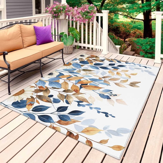 Orange Blue Botanical Outdoor Rug for Patio/Deck/Porch, Non-Slip Large Area Rug 5 x 7 Ft, Weeping Fall Eucalyptus Leaves Indoor Outdoor Rugs Washable Area Rugs, Reversible Camping Rug Carpet Runner
