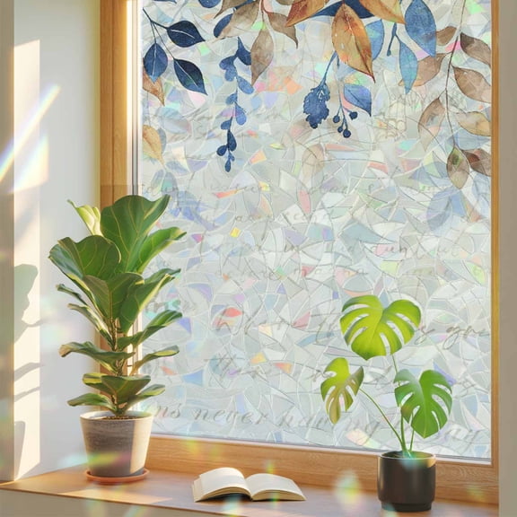 Orange Blue Botanical Privacy Window Film,Decorative Stained Glass Window Film,Weeping Fall Eucalyptus Leaves Rustic Resuable Rainbow Static Cling for Home Bathroom Living Room Glass Door 17.7"x39.3"