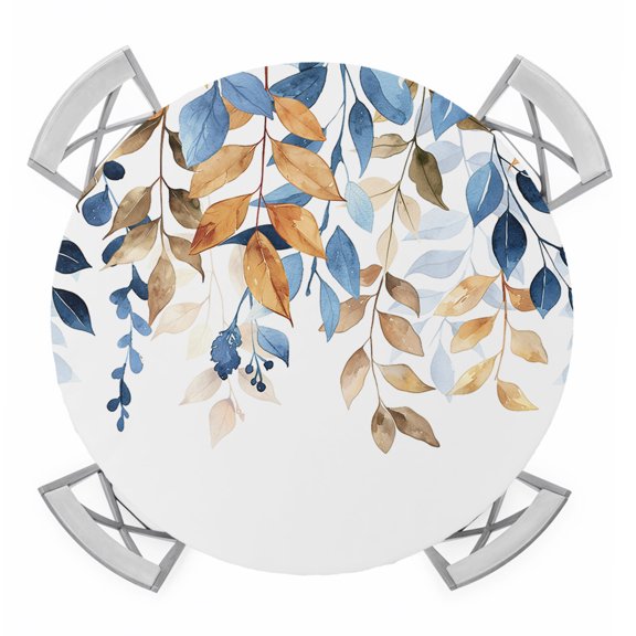 Orange Blue Botanical Round Tablecloth for 36-44 Inch Tables,Fitted Table Cover with Elastic Edge,Weeping Fall Eucalyptus Leaves Waterproof Outdoor Table Cloth Protector for Patio Garden Dinner