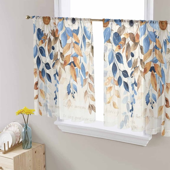 Orange Blue Botanical Sheer Curtains 45 Inch Length 2 Panels Set for Living Room/Bedroom, Weeping Fall Eucalyptus Leaves Rustic Curtain Sheers Drapes Rod Pocket Curtains Window Treatment 52''x45''x2