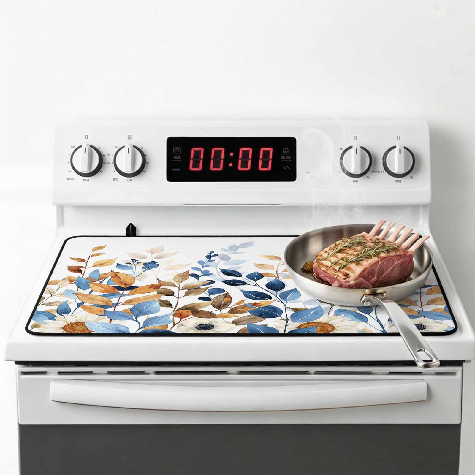 Orange Blue Botanical Stove Top Cover for Electric Stove, Heat-proof & Non Slip Glass Top Stove Cover Protector, Fall Eucalyptus Leaves Kitchen Flat Cooktop Rubber Mat 24x21 Inches