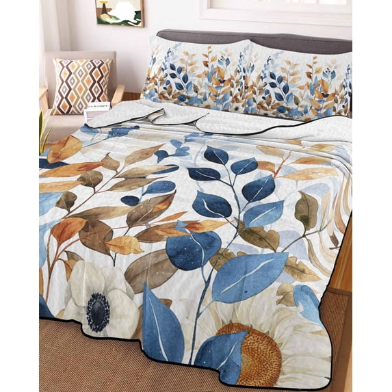 Orange Blue Botanical Twin XL Size Down Alternative Comforter, Lightweight Comforter Quilt Bedding Set with Pillow Shams Fall Eucalyptus Leaves All Seasons Bed Comforter Duvet Insert 68"x98"
