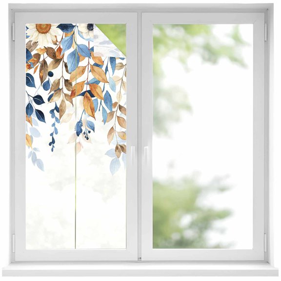 Orange Blue Botanical Window Privacy Film, Weeping Fall Eucalyptus Leaves Static Cling UV Sun Blocking Heat Control Window Tint Day and Night, Non-Adhesive One Way Windows Privacy Cover 19.6''x39.3''