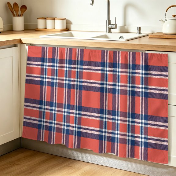 Orange Blue Cabinet Curtains for Shelves, British Style Buffalo Plaid Lattice Privacy Curtain for Closet Self Adhesive, Dust-Proof Drapes for Closet Storage Room Classroom Doorway, 32"W x 55"L