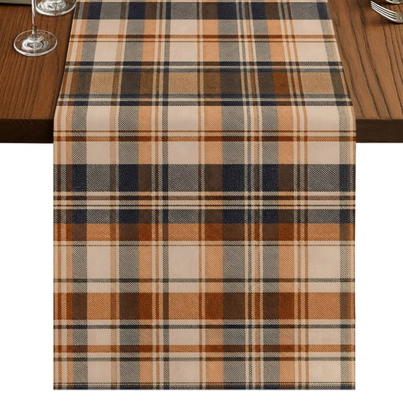 Orange Blue Checkered Burlap Cotton Table Runner 13x70 Inches Long, Fall Farmhouse Buffalo Plaid Farmhouse Table Runners, Outdoor Dining Table Decor for Baby Shower/Party/Wedding