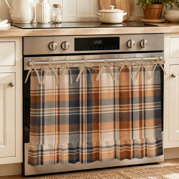 Orange Blue Checkered Oven Skirt for Farmhouse Kitchen Décor, Fall Farmhouse Buffalo Plaid Oven Curtain Tie Top Decorative Stove Skirt, Cabinet Dish Washer Curtains with 8 Ribbon Ties 27"x20"
