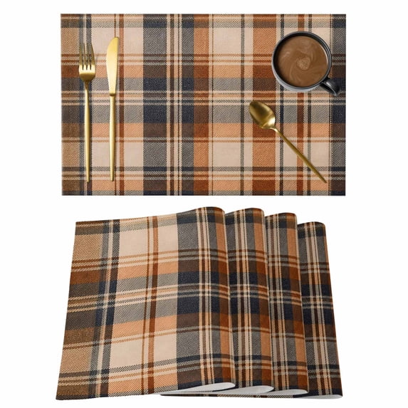 Orange Blue Checkered Placemats Set of 2 Fall Farmhouse Buffalo Plaid Place Mats Indoor Wipeable Table Mats Washable Cloth Dining Table Placemats for Kitchen Holiday Party Home Decor 13x19 Inch