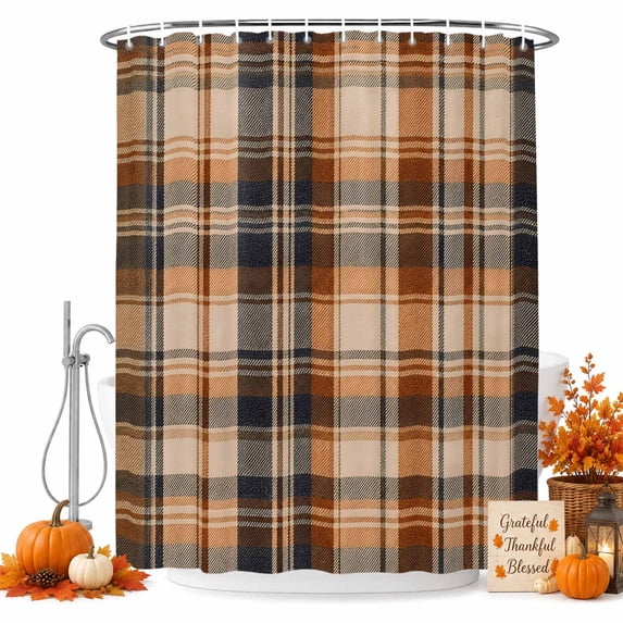 Orange Blue Checkered Shower Curtain, Waterproof Shower Curtains for Bathroom, Fall Farmhouse Buffalo Plaid Washable Fabric Bathtub Curtain Set Bath Decor with 12 Hooks Stall 36"x72"