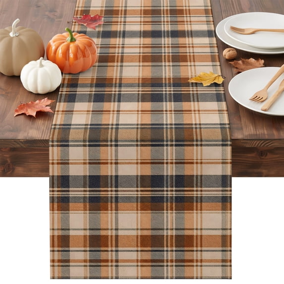 Orange Blue Checkered Table Runner - 108 Inch Long Fall Farmhouse Buffalo Plaid Cotton and Linen Blended Dress Scarves Farmhouse Table Runner for Kitchen Dining, Coffee Table, 13" x 108"