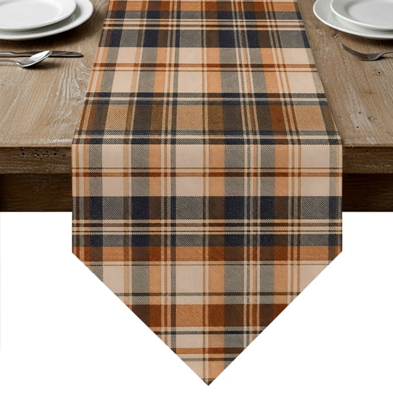 Orange Blue Checkered Table Runner Linen Burlap Table Runner 72 Inches Long Fall Farmhouse Buffalo Plaid Dresser Scarves for Kitchen Island Coffee Dining Room Party Wedding Holiday Decoration 14"x72"