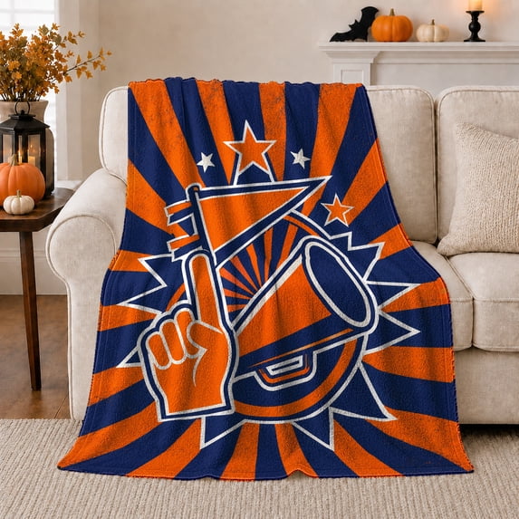 Orange Blue Cheer Megaphone with Stars and Sunburst, Bold Pep Rally Graphic Art for Team Fans, Birthday Gift, Soft Flannel Blanket for Bedroom, Vivid Home Decor