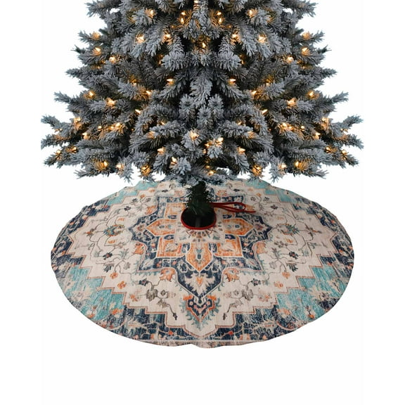 Orange Blue Christmas Tree Skirt 36 Inches Large Christmas Skirt Tree, Boho Geometric Middle Century Abstract Western Tree Skirt Christmas Decorations for Fireplace Party Holidays Indoor Outdoor