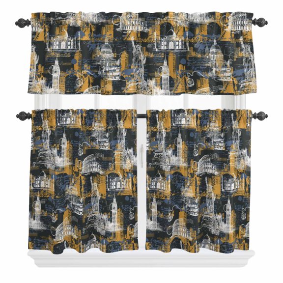 Orange Blue City Curtain Valances Set Modern Abstract Orange Blue Architecture Kitchen Curtains 24 inch Length Rod Pocket Valance and Tiers 3 Piece Set Small Bedroom Bathroom Laundry Decor