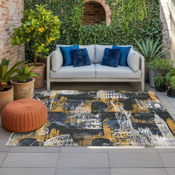 Orange Blue City Indoor Outdoor Rugs 3x5 Ft, Modern Abstract Orange Blue Architecture Outdoor Patio Rugs Mat Washable Outside Area Rugs Carpet for Porch Deck RV Camping Pool Balcony Backyard