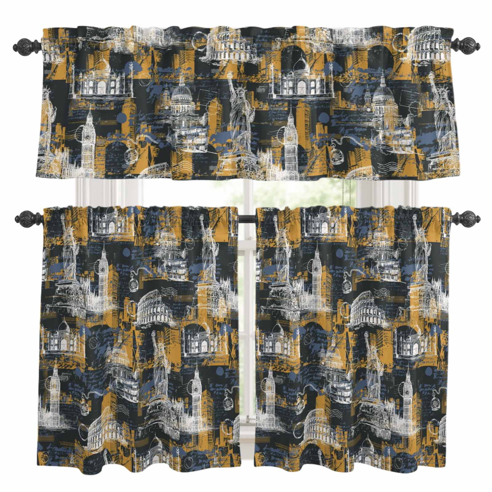 Image result for Orange Blue City Kitchen Curtains Set for Windows, Modern Abstract ...