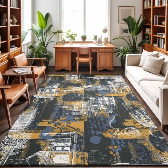 Orange Blue City Washable Area Rug 9 x 12 ft Modern Abstract Orange Blue Architecture, Soft Non Slip Rugs Stain Repellent Indoor Felt Carpet for Living Dining Room Bedroom Home Office