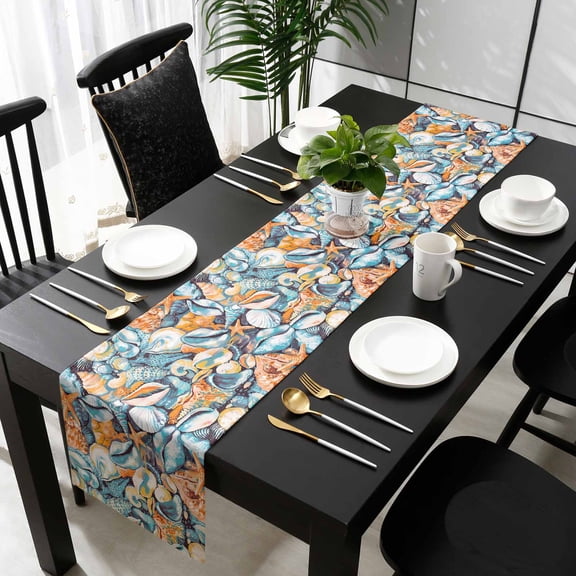 Orange Blue Coastal Cotton Linen Table Runner 13 x 70 inch Summer Ocean Shell Conch Retro Non-slip Rectangular Dining Table Decor for Wedding Party Holiday Dinner