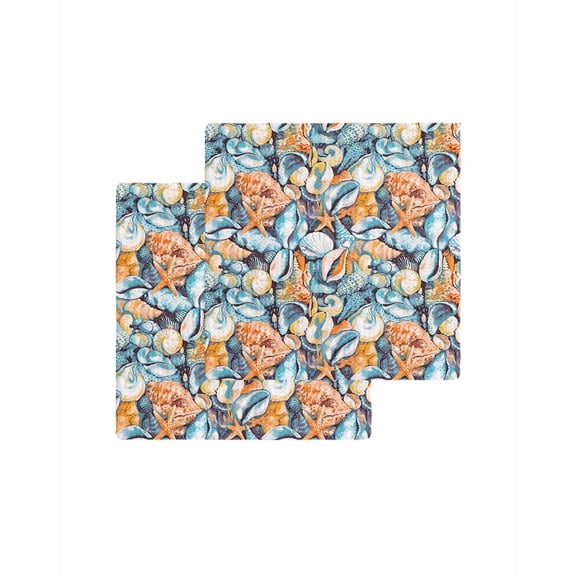Orange Blue Coastal Kitchen Dish Towels for Drying Dishes Set of 2, Summer Ocean Shell Conch Retro Waffle Weave Microfiber Terry Hand Tea Bathroom Towels Quick Dry & Absorbent Towel 12x12