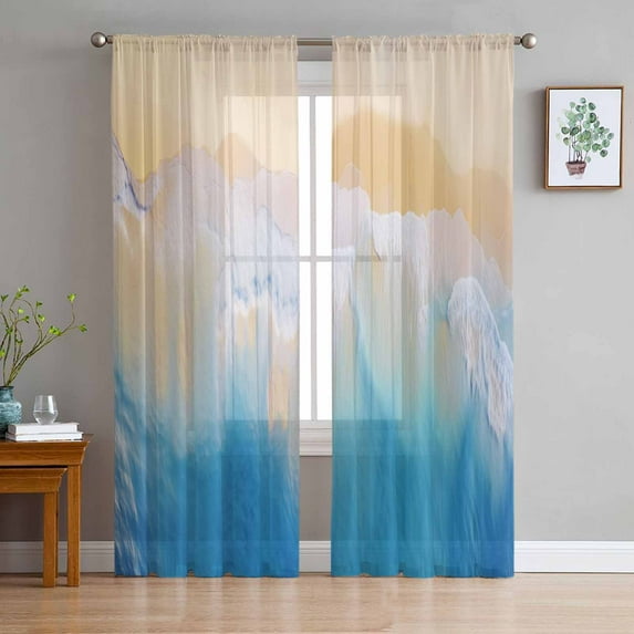 Orange Blue Coastal Sheer Curtains 84 Inches Long 2 Panels Set, Window Sheer Curtains for Living Room/Bedroom, Summer Beach Seaside Nautical Light Filtering Rod Pocket Curtain 52'' x 84'' x 2