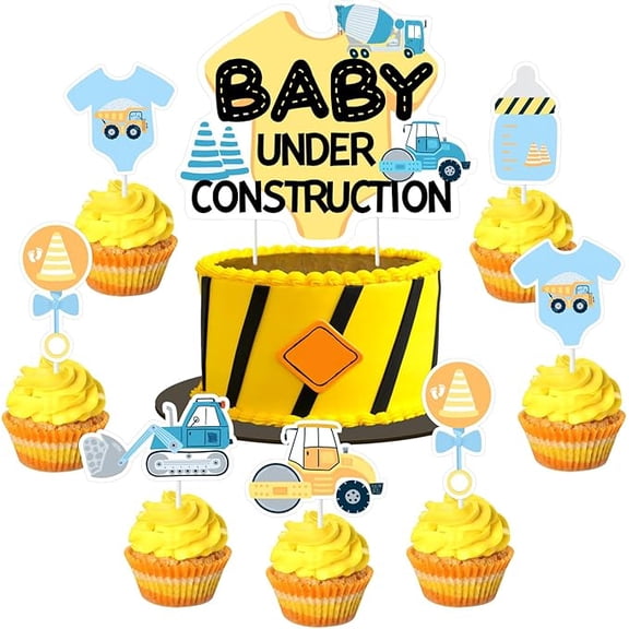 Orange Blue Construction Cupcake Toppers: 1 Cake Topper, 24pcs Cupcake Toppers (6 Different Kinds) for Boys Dump Truck Baby Shower Decorations