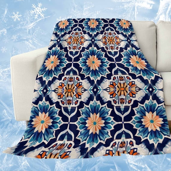 Orange Blue Cooling Blanket,Lightweight Breathable Summer Throw Blanket with Double Sided Cold Effect,Morocco Boho Abstract Floral Ethnic Tribal Picnic Blankets Bed Sheet for Hot Sleepers 30"x40"