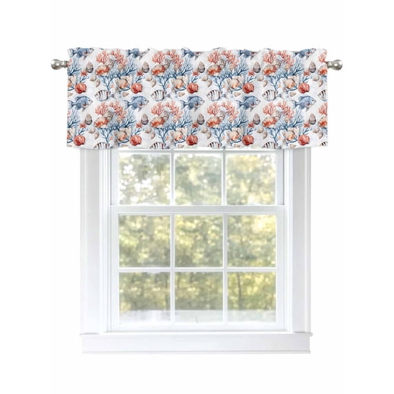 Orange Blue Coral Curtain Valances for Windows, Summer Coastal Beach Fish Ocean Kitchen Valance Window Treatment, Light Filtering Block Curtains for Bathroom/Bedroom/Living Room 42'' x 18''
