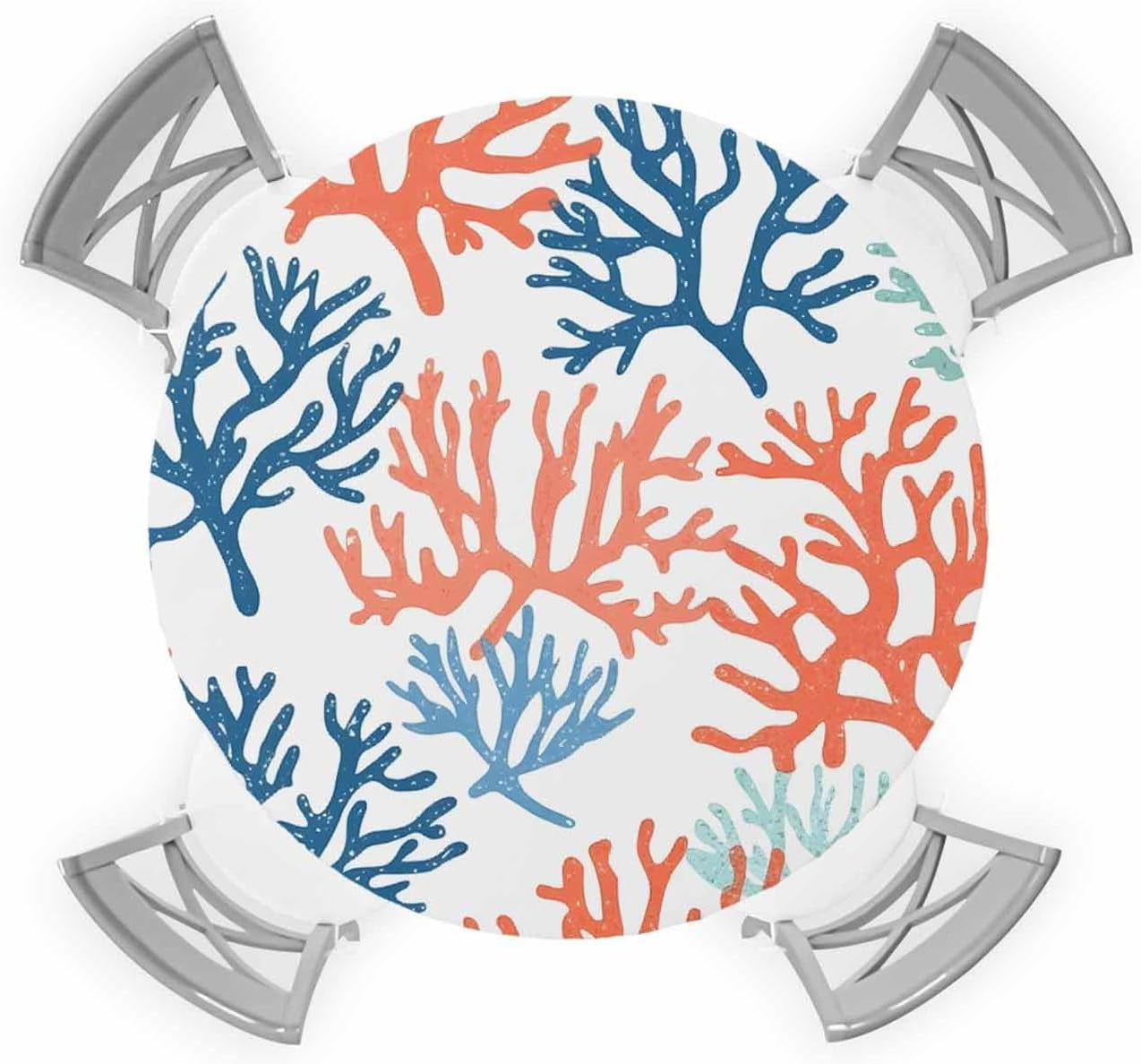 Orange Blue Coral Round Tablecloth Fitted Table Cover, Green Gradient Coastal Ocean Color Elastic Tablecloths Waterproof Outdoor Indoor Stretch Cloth Tablecover for Dinner, Party, Shower, 36-44IN
