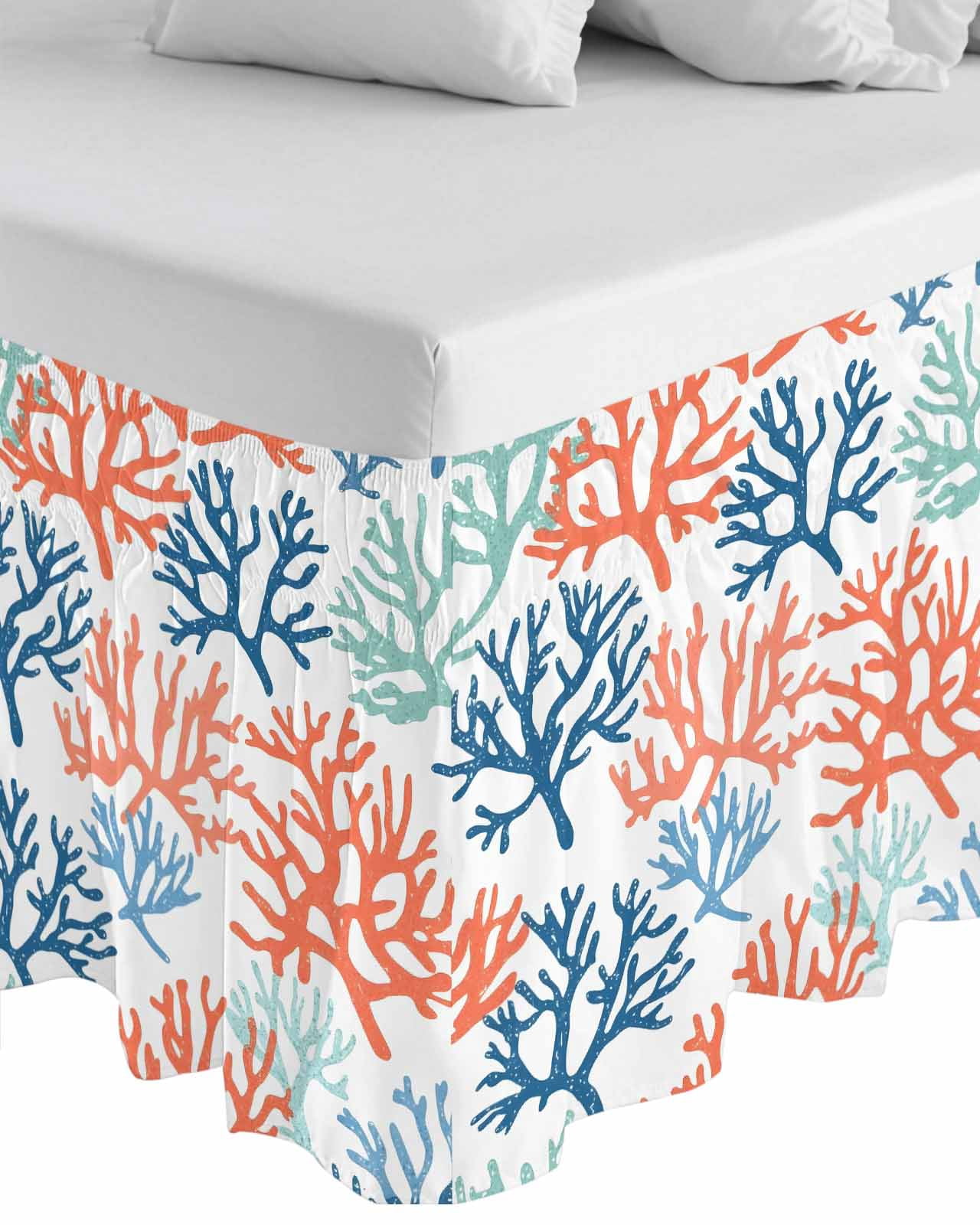 Orange Blue Coral Wrap Around Bed Skirts for Queen Bed 16" Drop,Bed Skirt with Adjustable Elastic Belt Dust Ruffle Bed Valance for Bedroom Hotel Green Gradient Coastal Ocean Color Bed Frame Cover