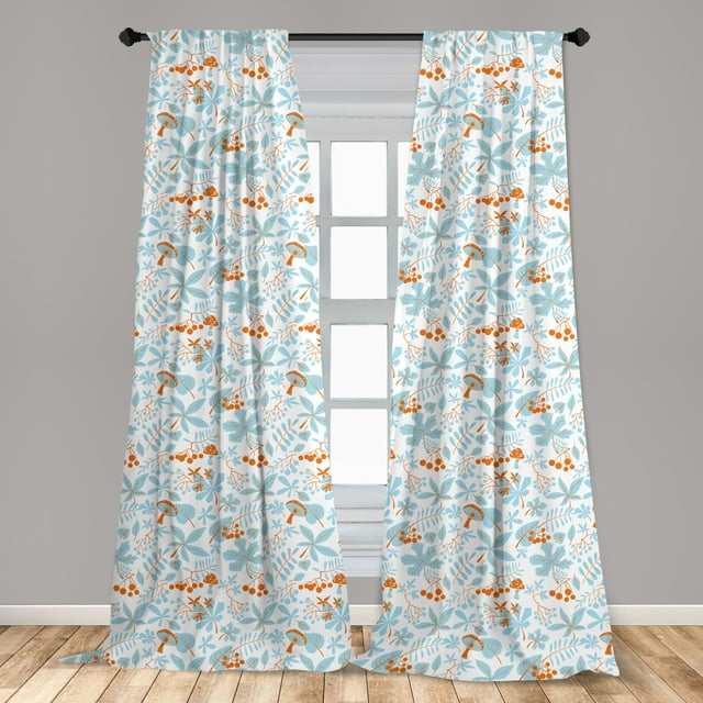 Orange Blue Curtains 2 Panels Set, Autumn Abstract Botanical Pattern of Leaves Mushroom and Berries, Window Drapes for Living Room Bedroom, Pale Blue Orange White, by Ambesonne