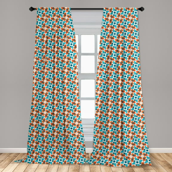 Orange Blue Curtains 2 Panels Set, Geometric Themed Pattern with Rounded Triangles and Squares, Window Drapes for Living Room Bedroom, 56"W X 84"L, Eggshell and Multicolor, by Ambesonne