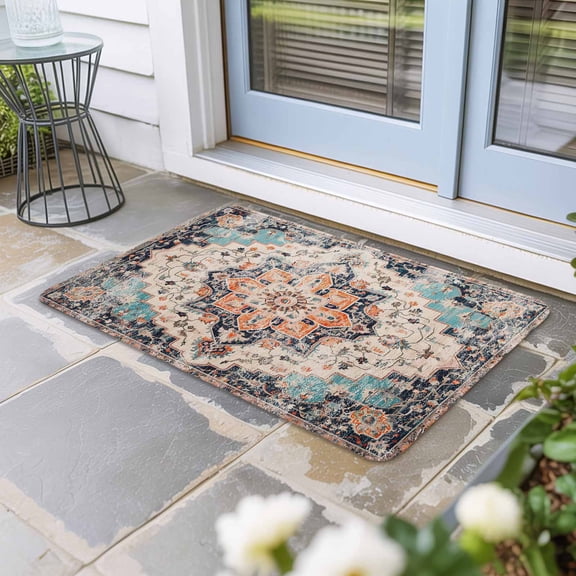 Orange Blue Door Mat Indoor Outdoor,Boho Geometric Middle Century Abstract Western Non Slip Welcome Mat with Rubber Backing,Absorbent Fabric Front Door Mats Entryway Rug for Home Entrance 24"x36"