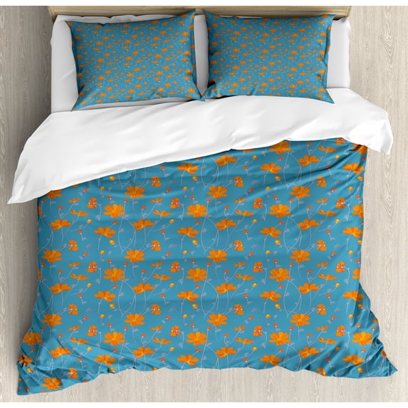 Orange Blue Duvet Cover Set, Flowers with Thin Peduncles and Buds, Decorative 3 Piece Bedding Set with 2 Pillow Shams, Calking Size, Turquoise Dark Orange, by Ambesonne