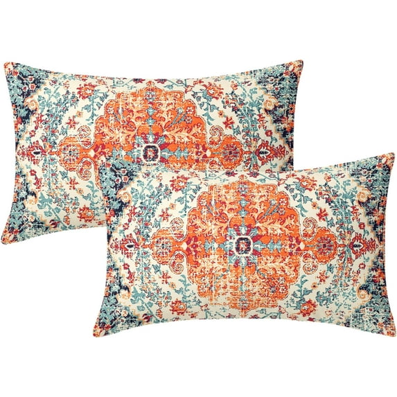 Orange Blue Ethnic Boho Lumbar Pillow Covers 12X20 Inch Bohemian Carpet Vintage Rust Coral Floral Rectangular Couch Pillow Cases with Zipper Set of 2 Home Decor for Room Bedroom Bed Cushion Outdoor