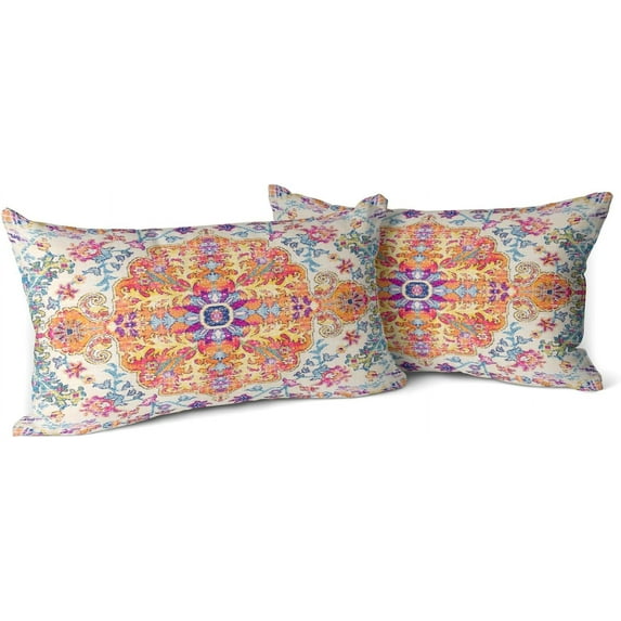 Orange Blue Ethnic Boho Pillow Covers 12x20 in Bohemian Carpet Cream Coral Floral Decorative Couch Pillow Cases with Zipper Set of 2 Home Decor for Living Room Bedroom Bed Cushion Outdoor