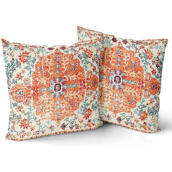 Orange Blue Ethnic Boho Pillow Covers 16X16 In Bohemian Carpet Vintage Rust Coral Floral Decorative Couch Pillow Cases with Zipper Set of 2 Home Decor for Living Room Bedroom Bed Cushion Outdoor