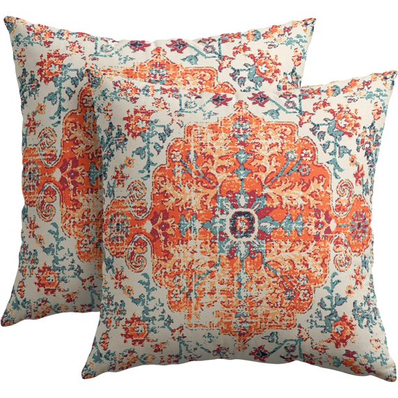 Orange Blue Ethnic Boho Pillow Covers 20X20 Inch Bohemian Carpet Vintage Pillow Cases Rust Coral Floral Linen Throw Pillows Set of 2 Rustic Home Decor for Living Room Bedroom Cushion Outdoor
